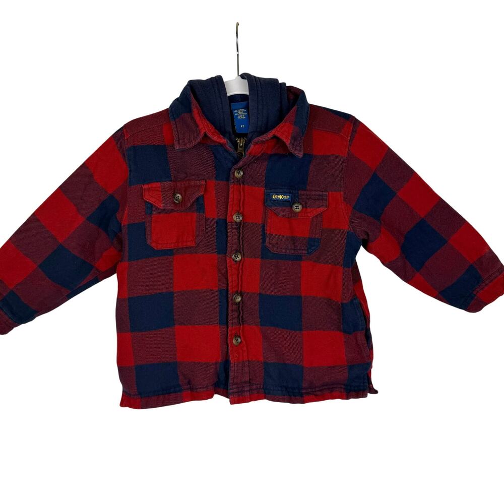OshKosh Boys Hooded Flannel Buffalo Plaid Button Up Jacket Size 4T Red Shacket